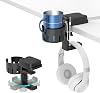 KDD 3 in 1 Drink Holder and Headphone Stand with Cable Storage, Rotating Headphone Hanger Detachable Desk Cup Holder Anti-Slip Heavy Duty Space Saving Under Desk Headphone Hook with 2 Wire Holes - Compatible with Headset, Mug, Coffee Cup, Headphone, Smartphone, Wireless Earphone Black