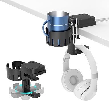 KDD 3 in 1 Drink Holder and Headphone Stand with Cable Storage, Rotating Headphone Hanger Detachable Desk Cup Holder Non-slip Sturdy Space-saving Under Desk Headphone Hook with Two Wire Holes