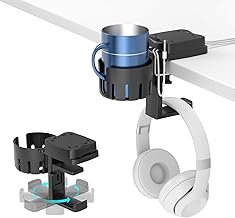 KDD 3 in 1 Headphone Hanger with Cup Holder - Rotatable Headset Hook & Desk Cord Organizer - Suitable for Coffee Mups, Water Cups, Headphone, Charging Cables, Home & Office