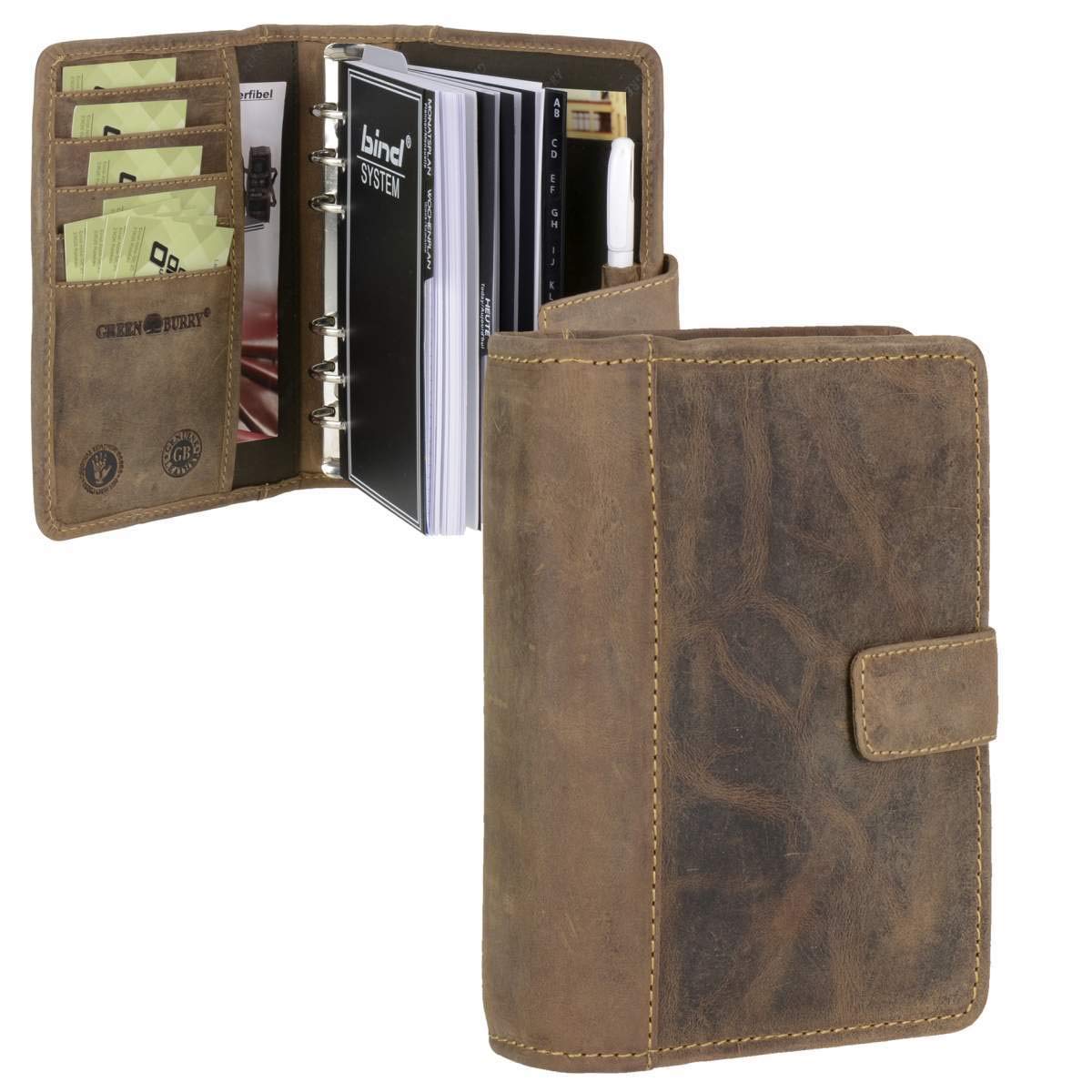 Greenburry Terminplaner Leder A6 (14x19,5cm) Terminkalender braun Vintage Look inkl Systemeinlage plus Kalender 2024