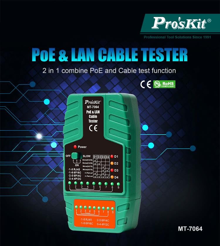 Miniatura 2 de Pro'sKit Probador de cables MT-7064 PoE y LAN Probador PoE-IEEE 802.3 afat Probador de cable estándar MidspanEndspan - RJ11RJ12RJ45(MT-7064)
