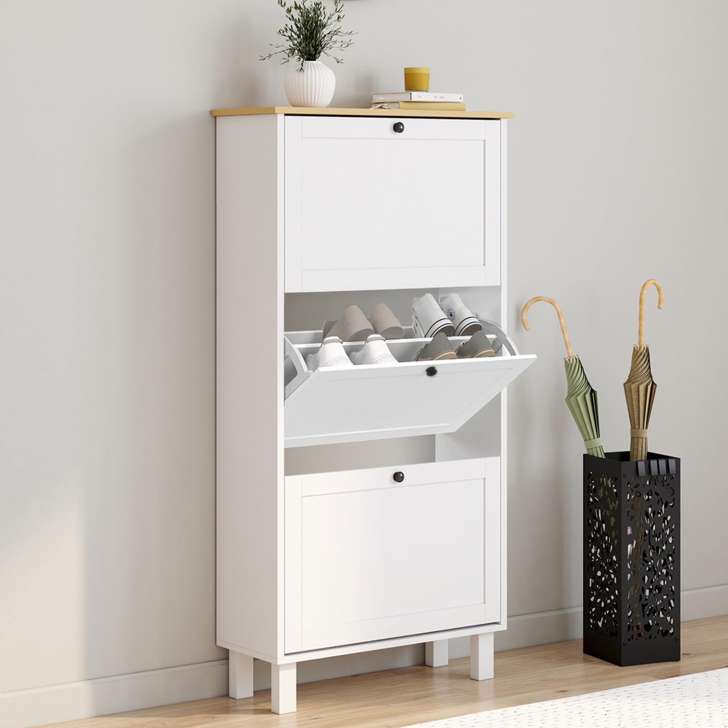 IDMarket – Mueble para zapatos 18 pares Aquiles 3 puertas blanco y bandeja madera