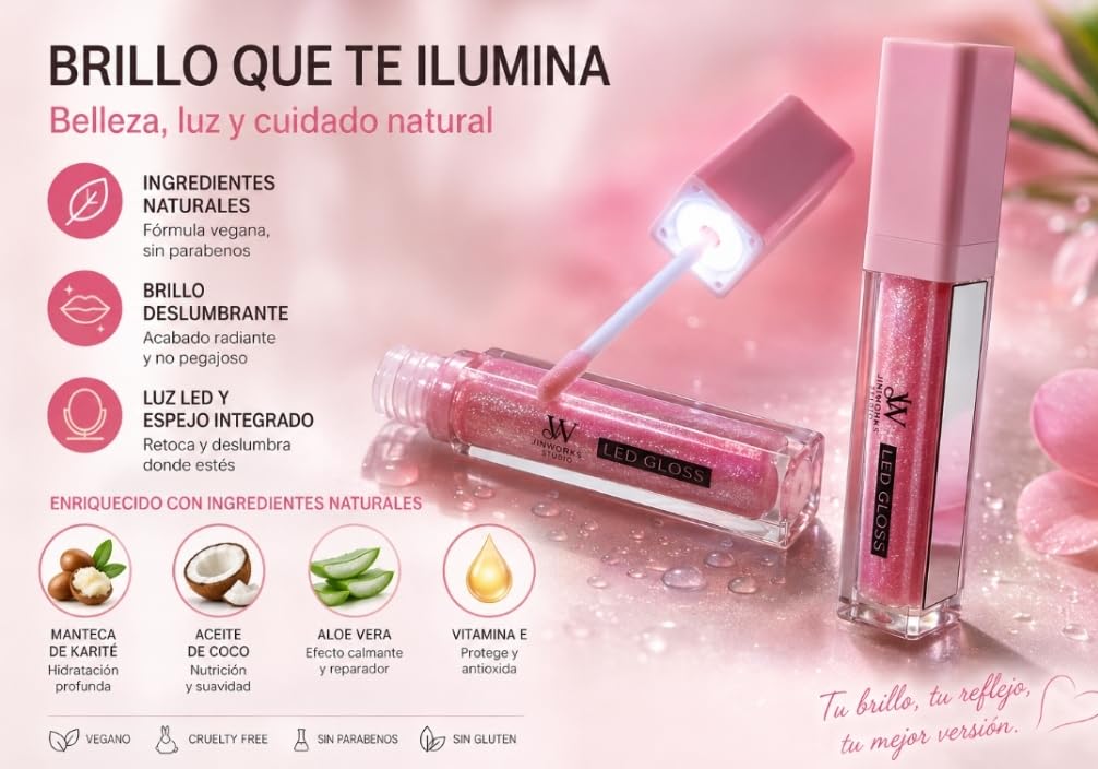 Labial Gloss Luz Led y Espejo Incorporado Glitter Vitamina E Aceite Jojoba Para Oscuridad Coche Disco