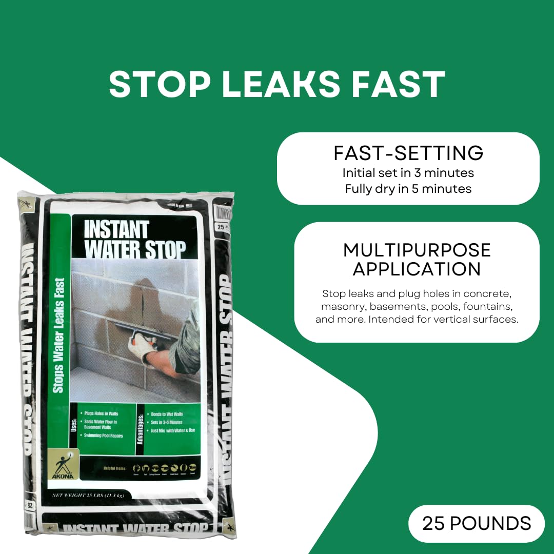 Akona Instant Water Stop - Stop Leaks in Concrete & Masonry, Plug Holes, & Stop Seepages, Great for Pools, Fountains, Cracks, & More, Dry in 3-5 Minutes, Bonds to Wet Surfaces (25 Pound, 1), Gray