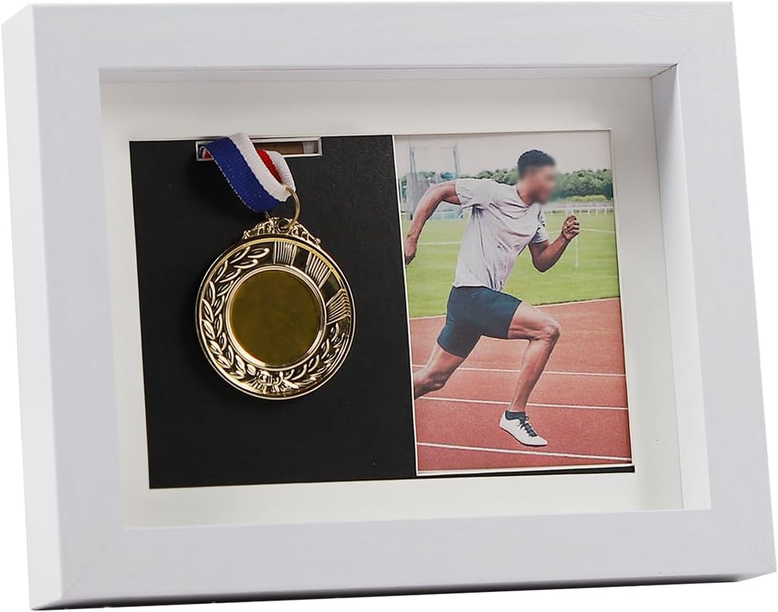 IHEIPYE Medal Display Shadow Box Picture Frame - 3 Medals Display Case - 3 in 1 Multifunctional Sport Medal Display Frame Perfect for Marathon Runner, Military Awards, Triathlons, White 6x8