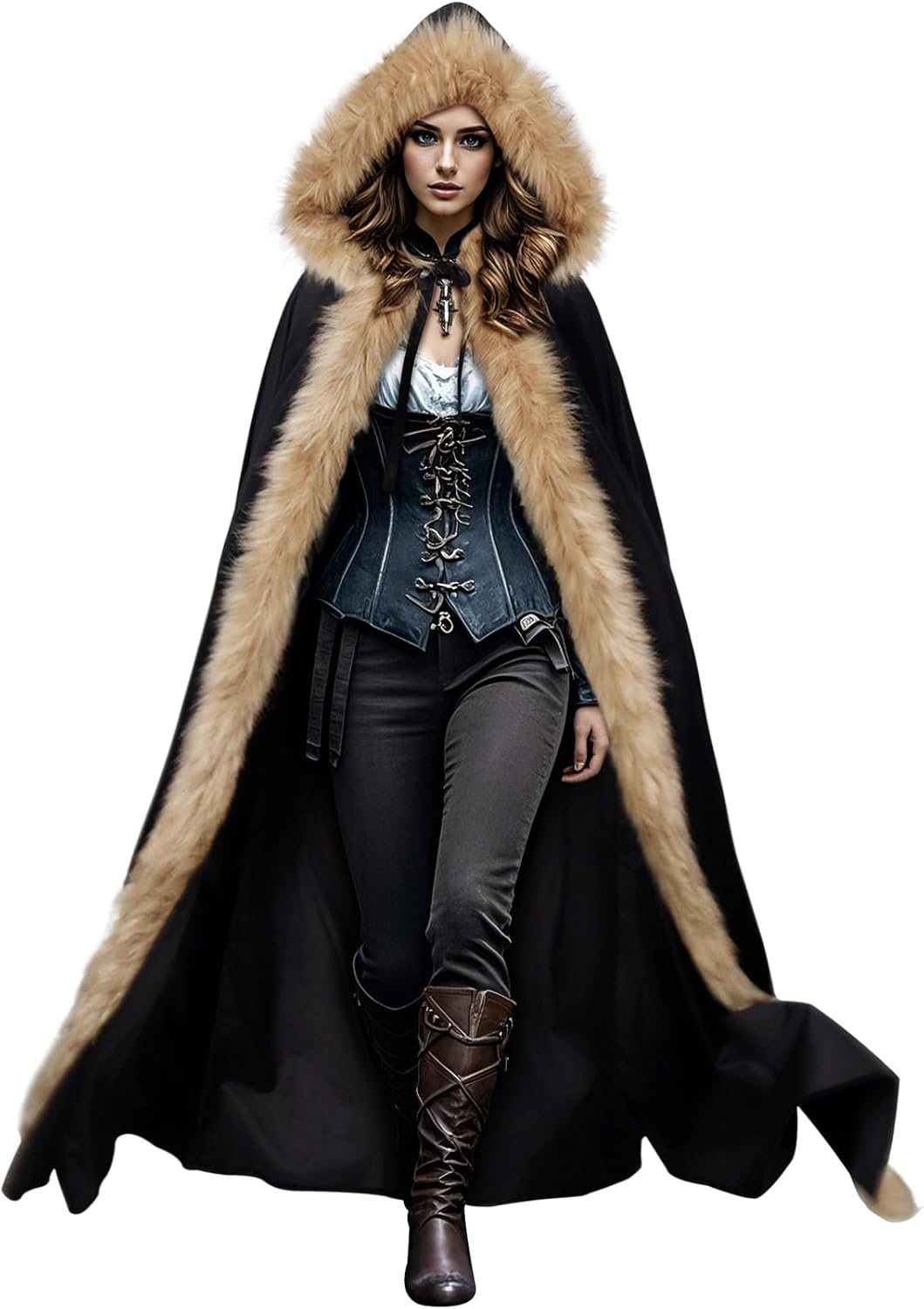 Joukavor Viking Fur Hooded Cloak Medieval Velvet Cape with Hood for Halloween