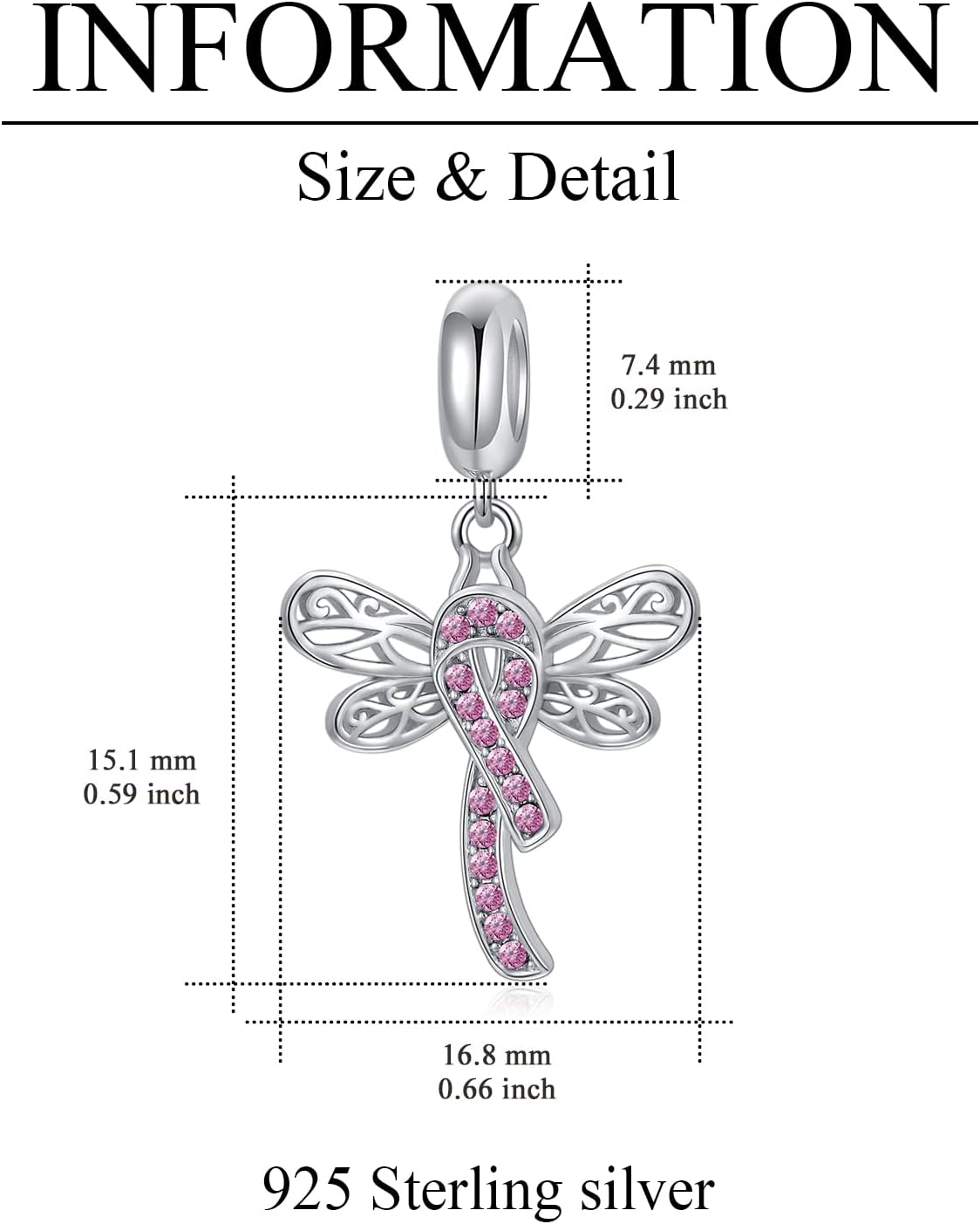 AOBOCO 925 Sterling Silver Butterfly/Dragonfly Breast Cancer Awareness/Breast Cancer Survivor Charm for Women - Image 4