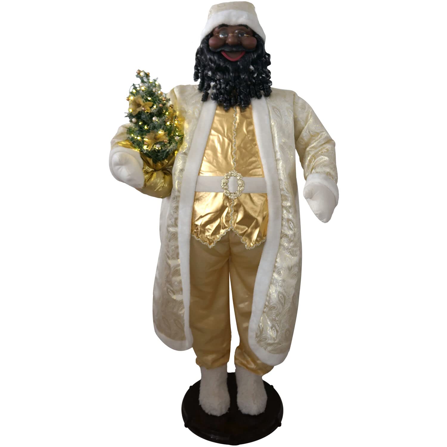 Fraser Hill Farm 58-in. African American Dancing Santa in Gold Coat with Prelit Christmas Tree | Indoor Animated Holiday Home Decor | Motion-Activated Christmas Animatronic | FASC058-2GL1-AA