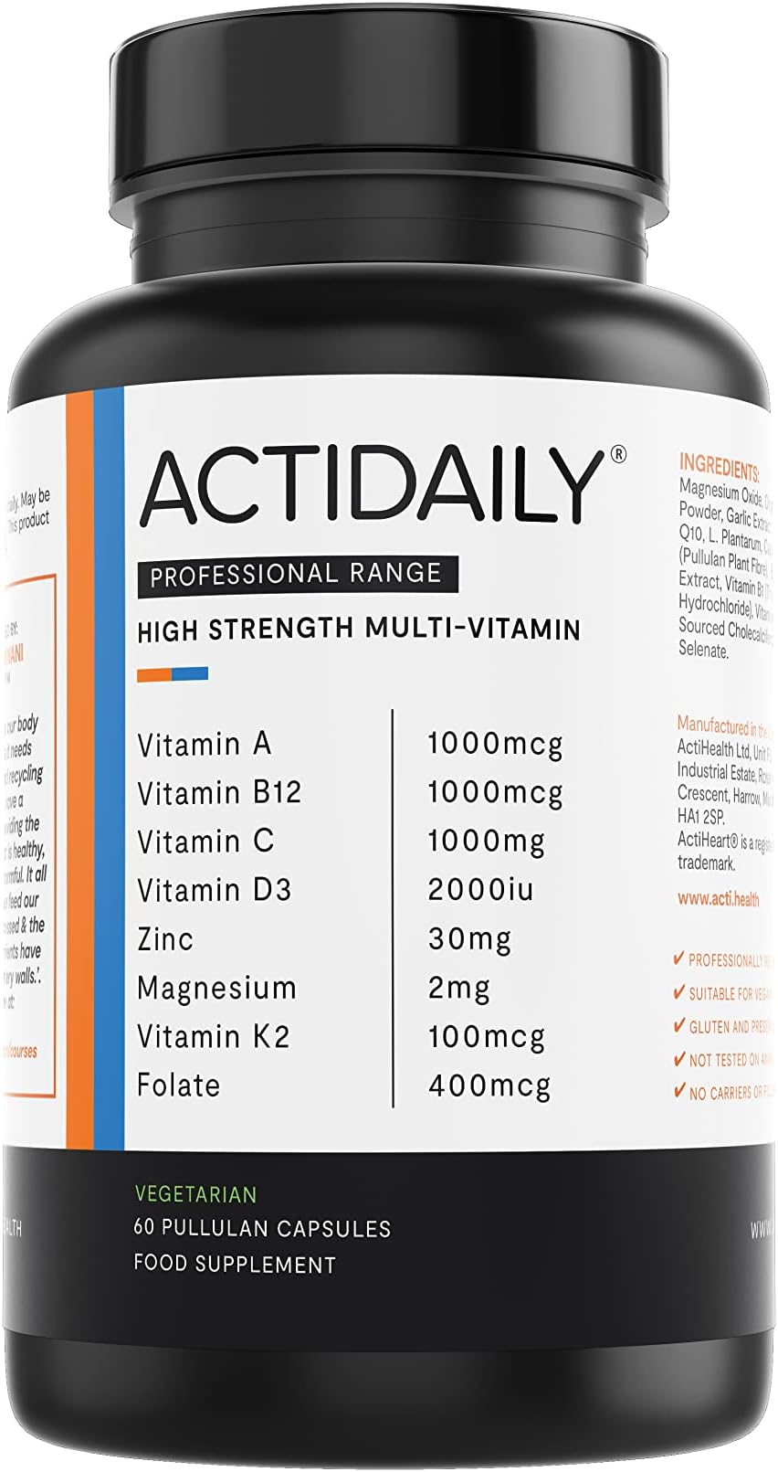 ActiDaily Multivitamin & Mineral Capsules | Essential Nutrients Including Vitamin D, B12, Zinc, Vitamin C | Powerful & High-Strength Formula for Energy Levels | Men & Women | Capsules | Made in UK