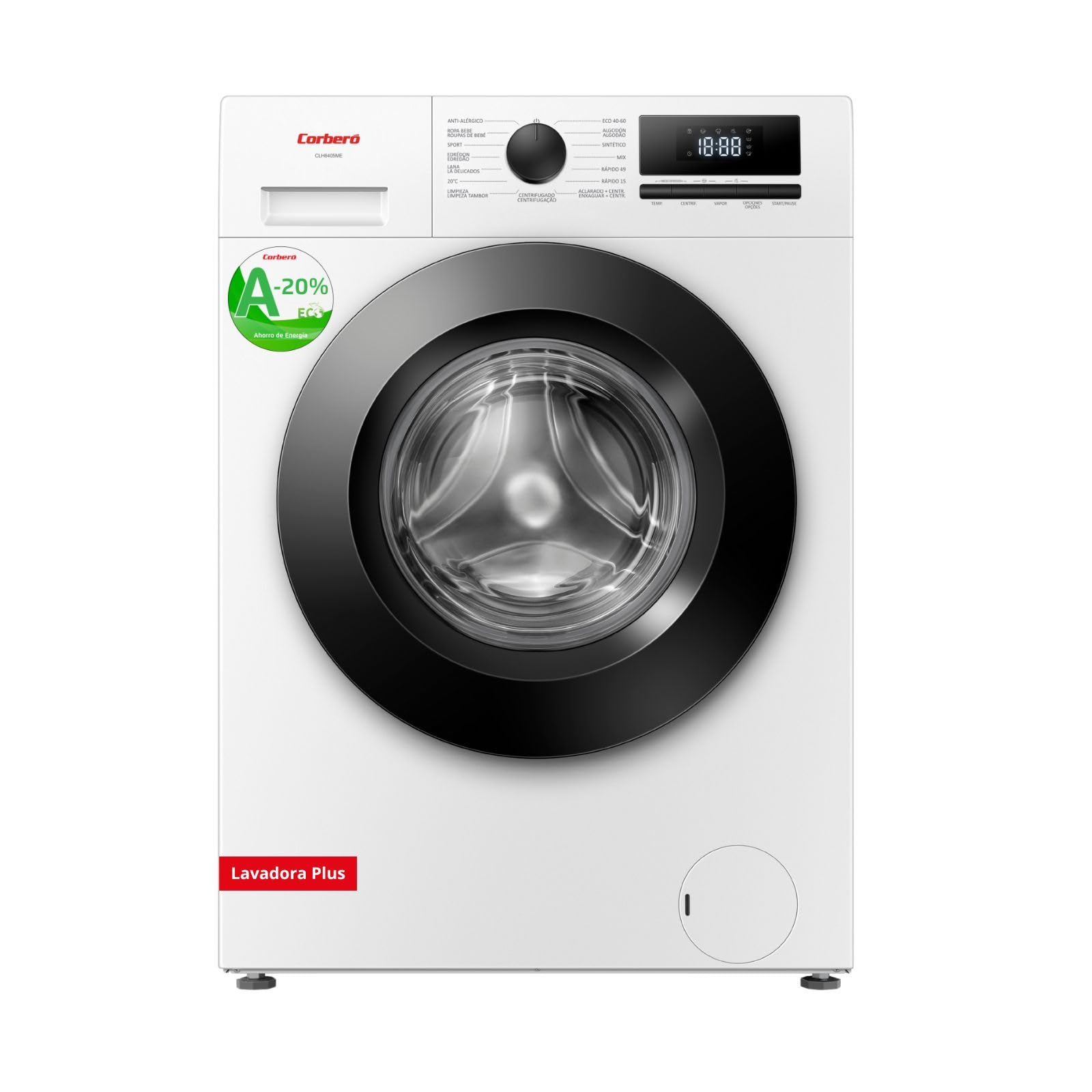 Corberó - Lavadora Carga Frontal Plus 8kg | CLH8405ME | 1400 RPM | Inverter | 15 Programas | Vapor | Antialérgica | Inicio Diferido | Blanco