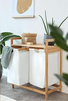Digithome Bamboo 2 Compartment Dirty Basket Laundry Basket Bathroom Organizer with Shelf DB-0007