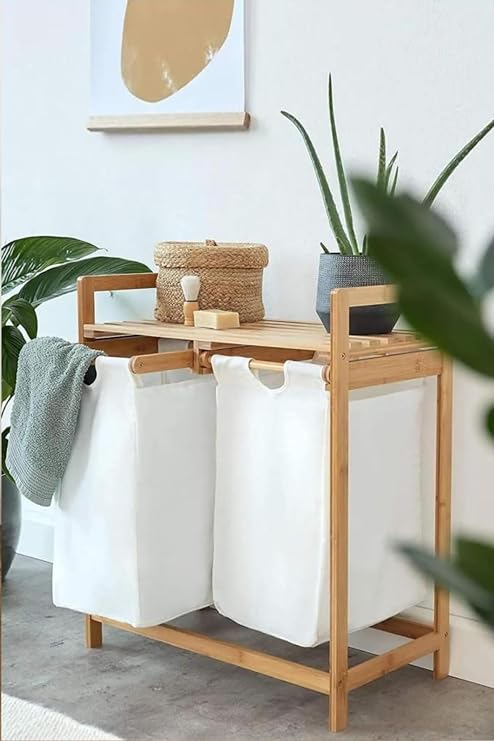 Digithome Bamboo 2 Compartment Dirty Basket Laundry Basket Bathroom Organizer with Shelf DB-0007