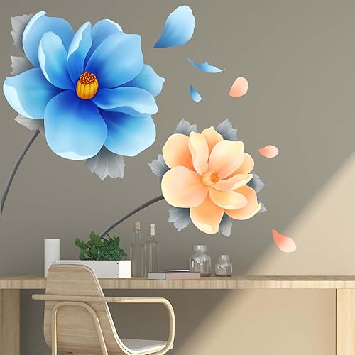 Calcomanías de pared de flores de loto azules y rosadas, calcomanías de pared de plantas de naturaleza floral, calcomanías de pared para mujeres y