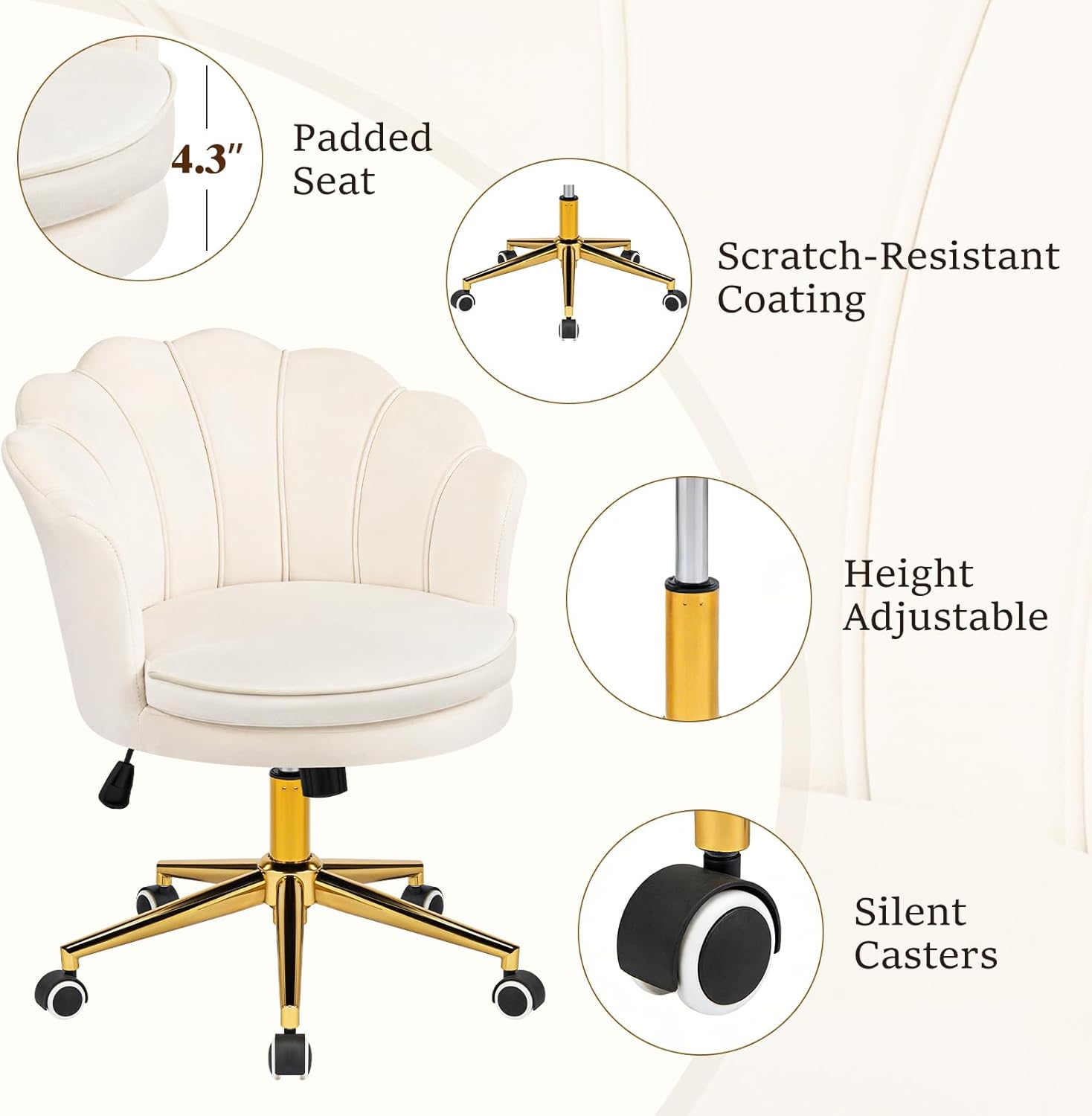 Furnicomfy Home Office Desk Vanity Chair with Back, Elegant Vanity Makeup Desk Chair with Wheels, Velvet Swivel Armchair Height Adjustable with Gold Metal for Women Girls, LivingRoom Bedroom, Beige