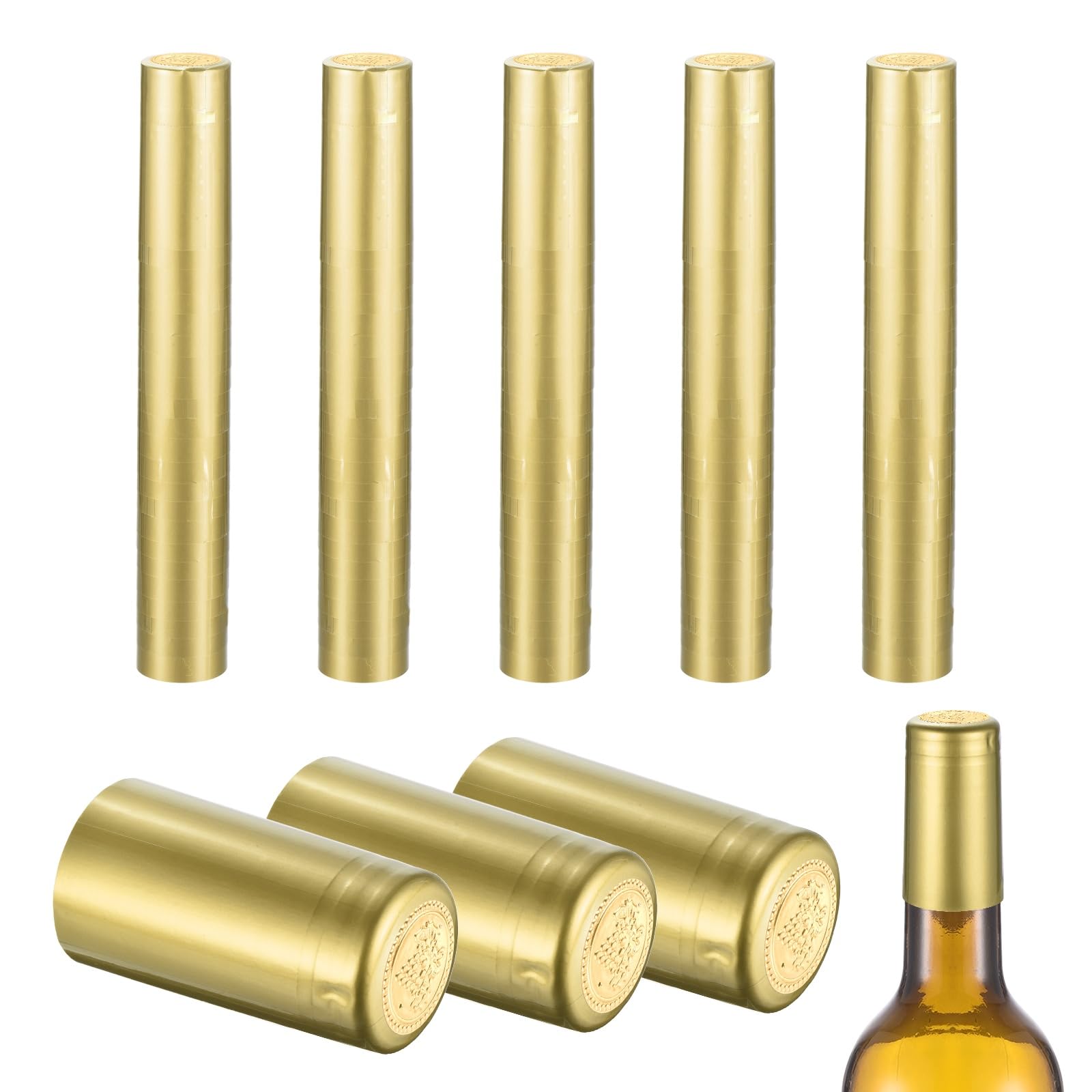 sourcing map 150Pcs PVC Heat Shrink Capsules, 32mm x 50mm Wine Bottle Capsules Shrink Wrap Sleeves Bottle Corks Caps for Wine Making Cellars and Home Kitchen, Gold Grape/Gold