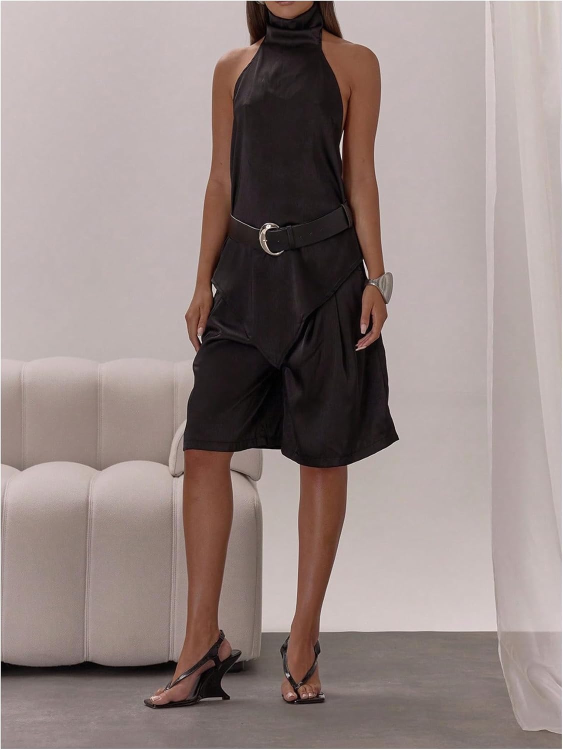 Women's Sexy Satin Asymmetrical Tops Y2K Halter Going Out Tops Mock Neck Flowy Open Back Tank - Image 3