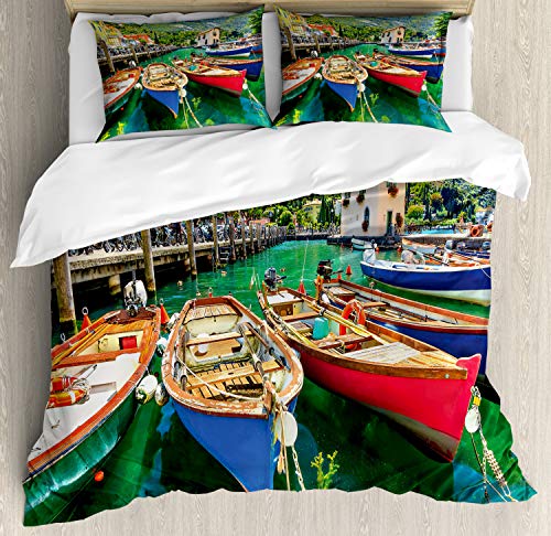 Ambesonne Italy Duvet Cover Set, Summer Landscape and Wooden Boats on The Lake Garda Torbole Town Fishing Maritime, Decorative 3 Piece Bedding Set with 2 Pillow Shams, California King, Teal Red