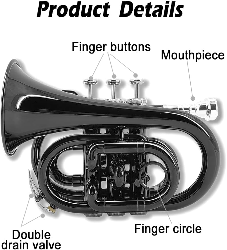 B フラットポケットトランペット、ゴールドラッカー真鍮ボディ、ハードケース&amp;アクセサリー付き、コンパクトでポータブルなトラベ