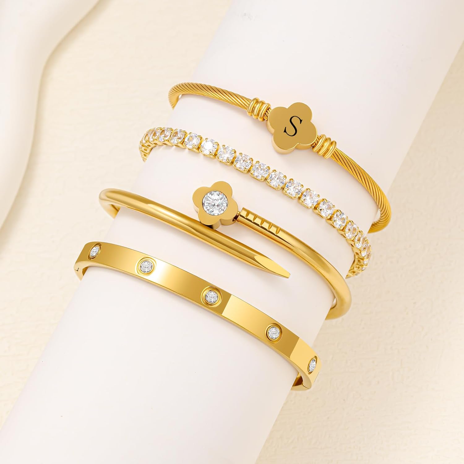 4Pcs Gold Bracelets for Women, 14K Gold Plated Stackable Bangle Bracelet Set Personalized Flower Stainless Steel Stackable Letter Bracelet Set for Women - Image 7