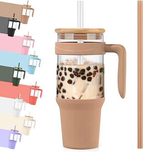 Tronco Vaso de vidrio de 40 onzas con asa, vaso de vidrio reutilizable con popote y tapa, taza de café helado con tapa de bambú, botellas de agua de