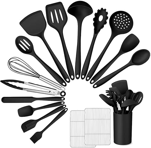 Homikit - Juego de utensilios de cocina de silicona y estante de enfriamiento, 15 piezas de utensilios de cocina con soporte para utensilios de