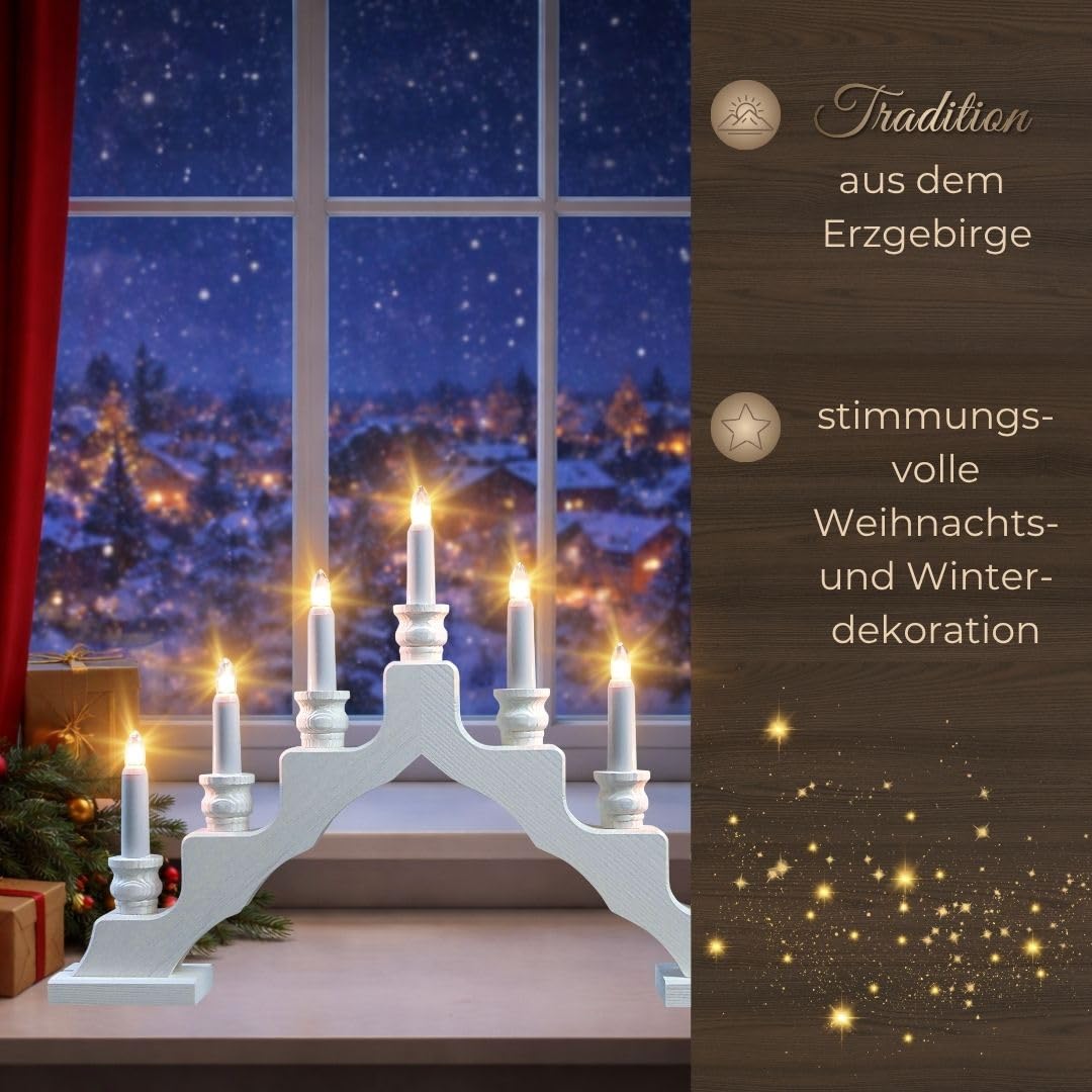 weigla - Schwedenleuchter original Erzgebirge I Trendiger Schwede WEIẞ I LED I Schwibbogen Weihnachten I 7 Lampenkerzen + 1 Ersatzlampe I 7 x 34 V, 0,2 W, E10 I Weihnachtsdeko innen I Kiefernholz
