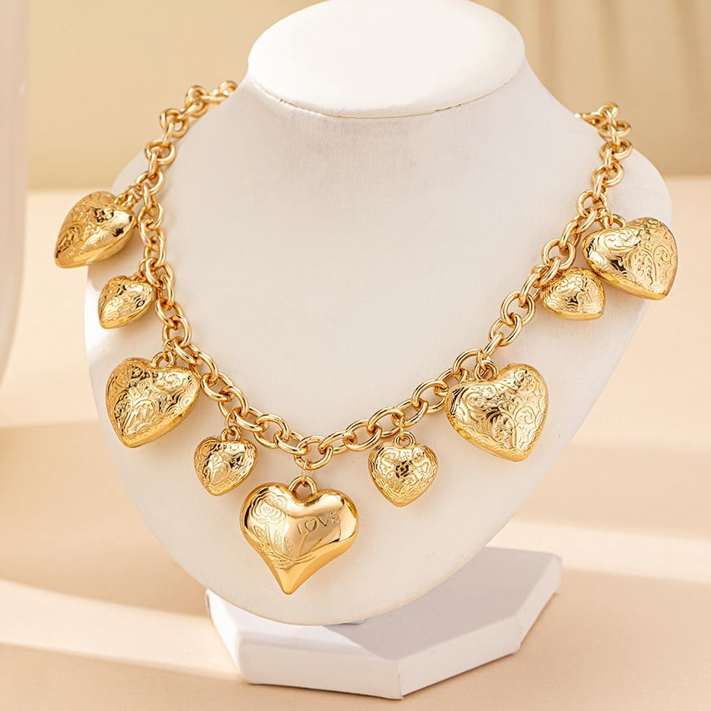 FUTIMELY Chunky Gold Heart Charm Necklace for Women,Fashion Puffy Large Love Hanging Choker Necklace,Personalized Exaggerated Jewelry Valentine's Day Gift - Image 3