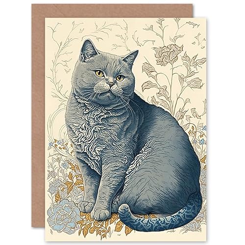 Artery8 William Morris Inspired Cat Portrait with Flowers Modern Illustration Art Birthday Sealed Greeting Card Plus Envelope Blank inside