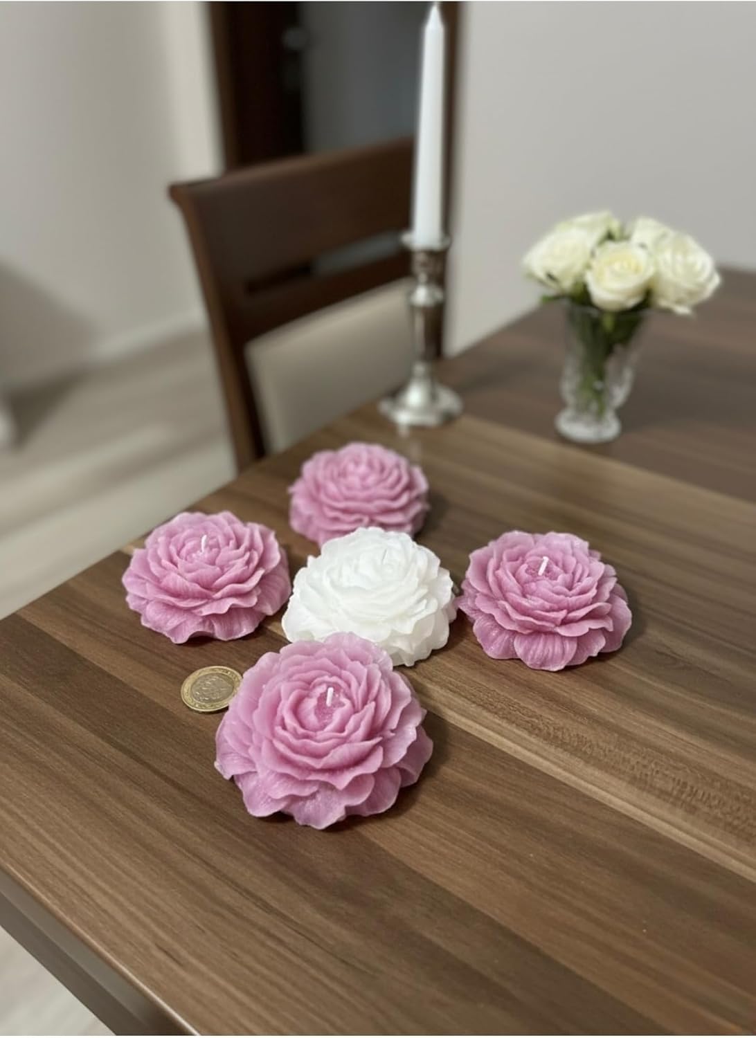 Floating Peony Rose Candle Set of 5, Pink and White Unscented Decorative Candles for Home Decor, Spa, Wedding, Party - Pink, One Size