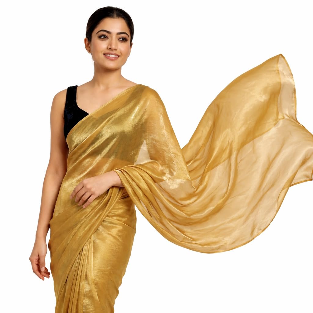 Fendi Satin Saree, Antique Gold Satin Shimmer Saree with Soft Golden Sheen-image-2