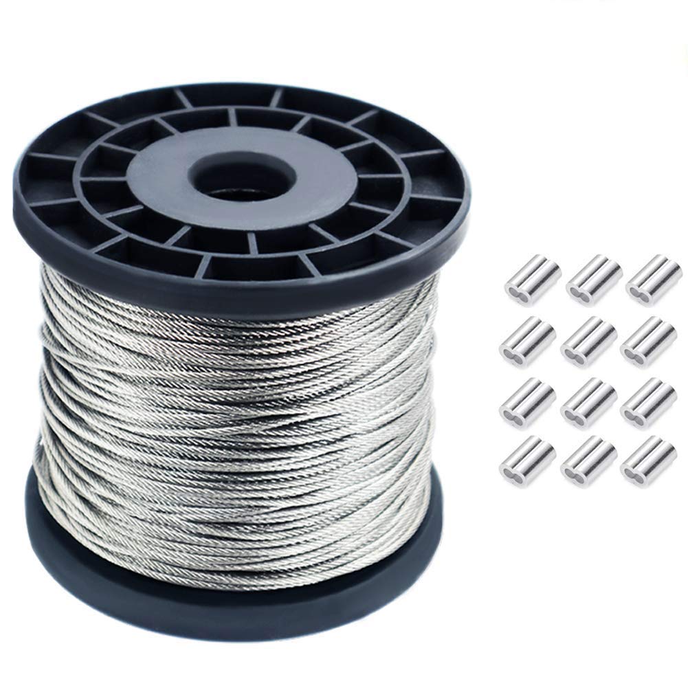 WEWBABY1/16 Wire Rope, 304 Stainless Steel Wire Cable 7x7 Strand Core 328ft Length Aircraft Cable 368 lbs Breaking Strength with 60 Pcs Aluminum Crimping Clamps Loop Sleeve