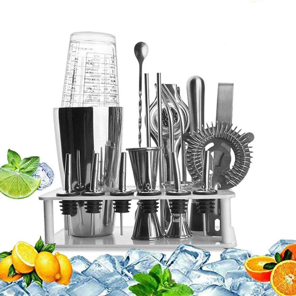 GeRRiT Kit per bartending da 14 pezzi, bar Bartender Strumenti con supporto elegante, adatto perfetto per casa e pub cocktail fai da te bevanda bibita da barista kit in acciaio inox