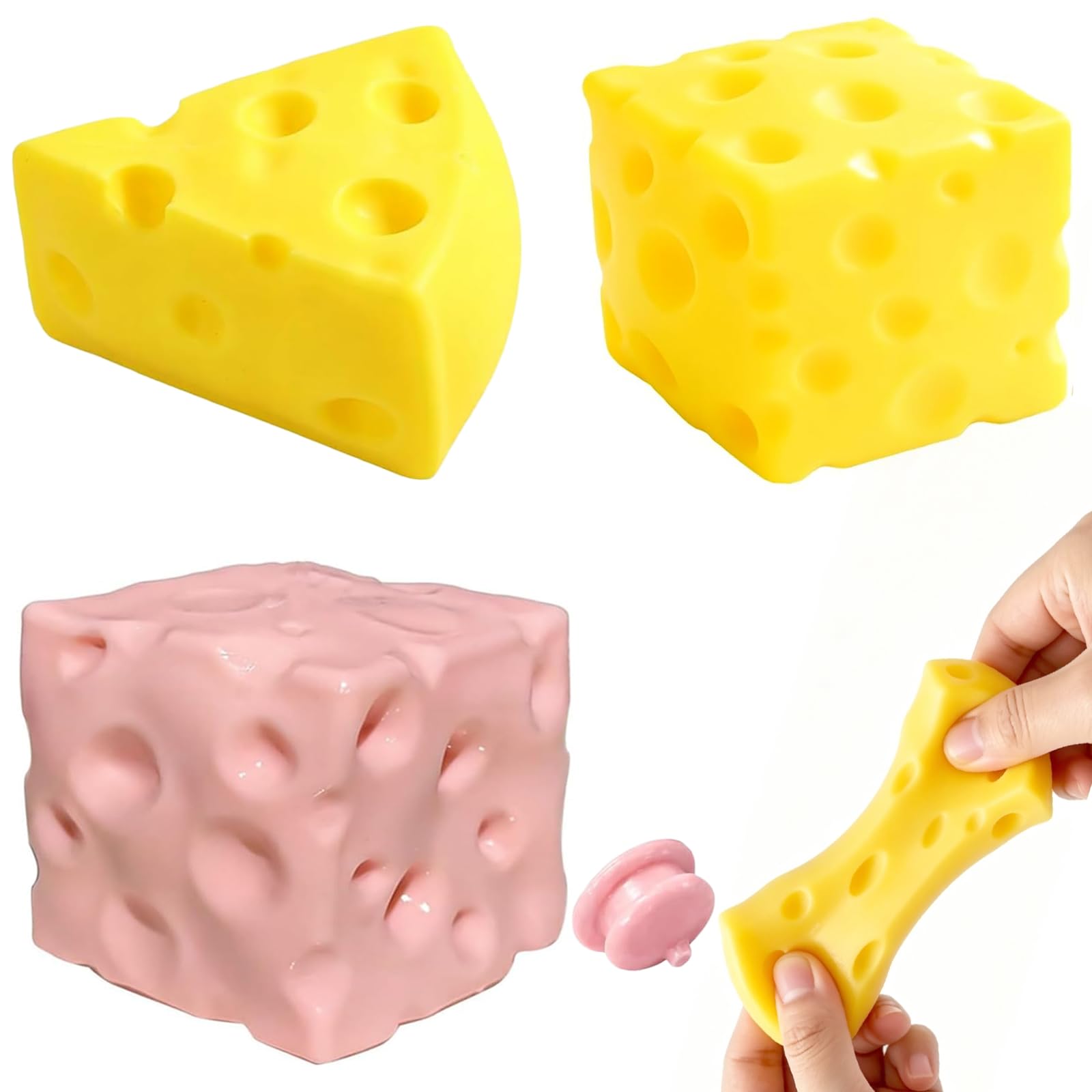 3 Pcs Cheese Squishy Kits, with 1 Pcs Lid Squishy Cheeses Lovely Big Cheese Squishys Pink and Yellow Squishies Cheeses, for Sensory Stimulation and Focus Assistance Stress Relief Tool