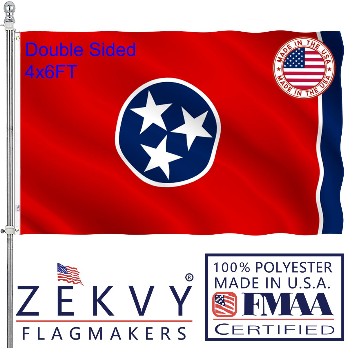 ZEKVY Tennessee Flag 4x6 Outdoor Made in USA - Double Sided Heavy Duty Vivid Color TN State Flags with 2 Brass Grommet