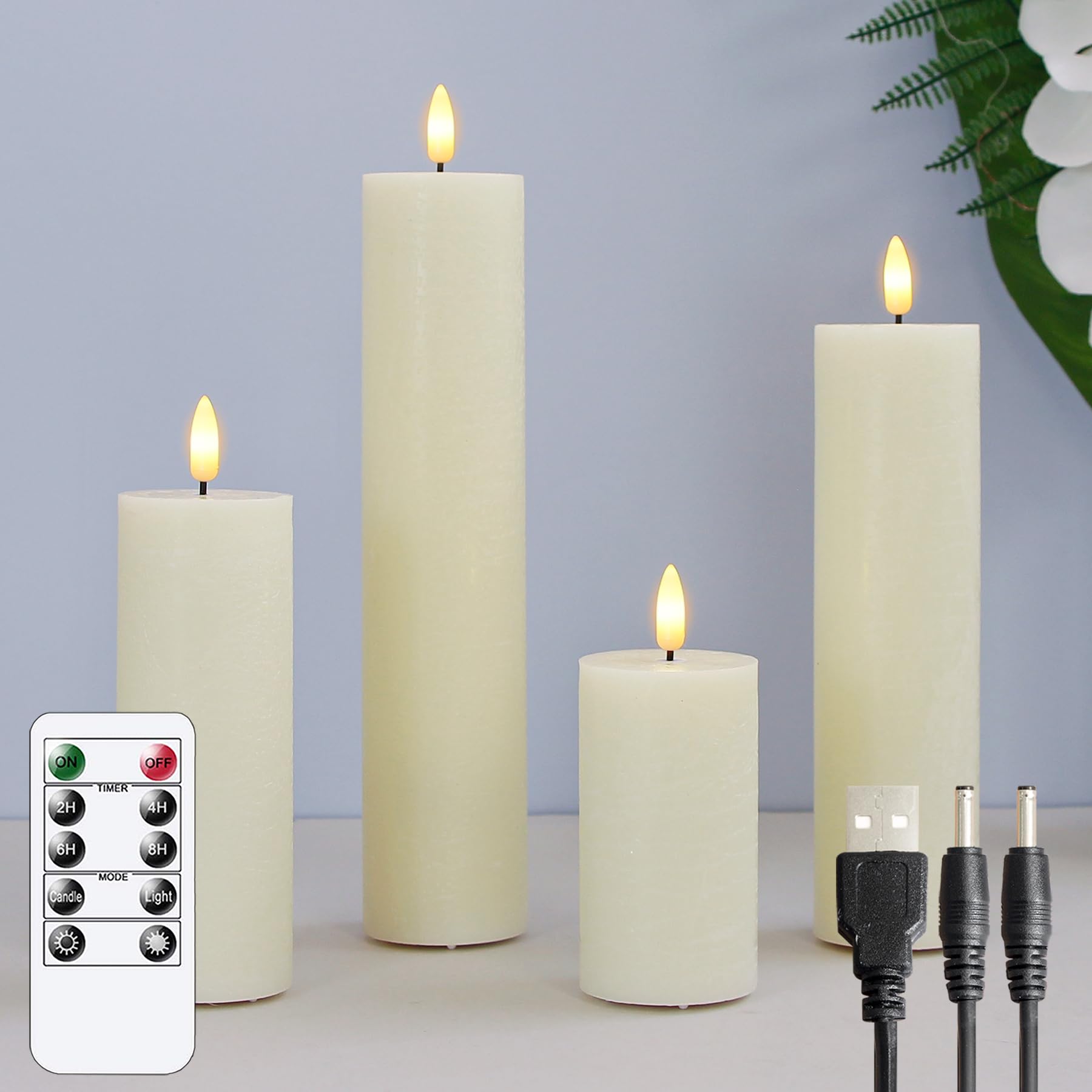 Zevanor Flameless Ivory Rechargeable LED Candles Pack of 4 Flickering Real Wax Candles (Includes USB Charging Cable with 2 Ports, 5.5cm x 10cm 15cm 20cm 25cm)