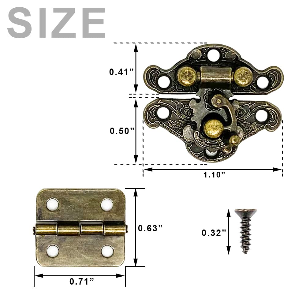 Zasvec Antieke latch haspe 2 stuks sluitingen voor houten kist met vergrendelingshaak slot antiek hangslot hasp en 4 stuks scharnieren antiek 24 metalen hoekbescherming met schroeven brons
