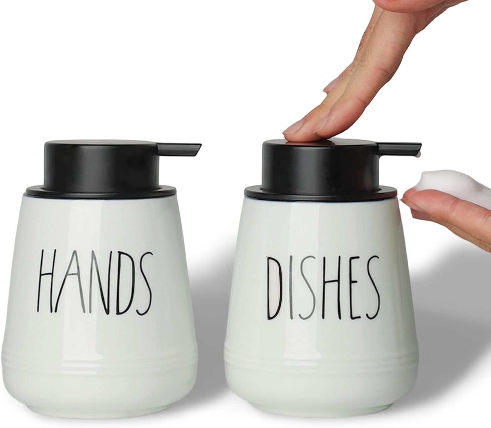 Ceramic Soap Dispenser Set, 13 oz Refillable Liquid Hand Wash Soap Dispenser, Lotion Hand Pump Dish Bottle for Bathroom and Kitchen, Set of 2 (Foam-Hands & Dishes)