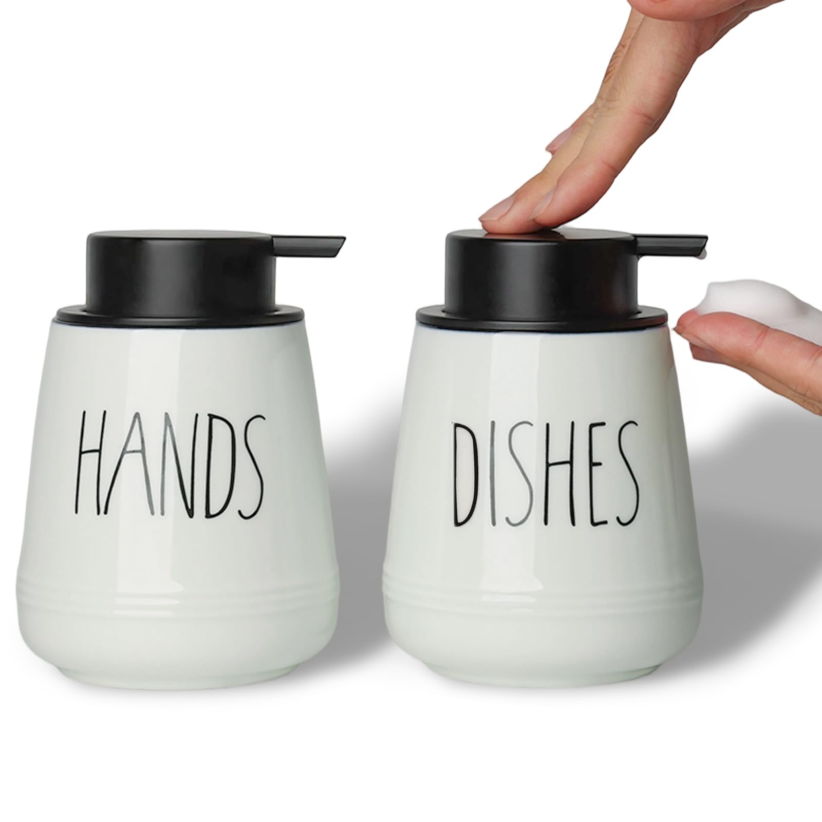 Ceramic Soap Dispenser Set, 13 oz Refillable Liquid Hand Wash Soap Dispenser, Lotion Hand Pump Dish Bottle for Bathroom and Kitchen, Set of 2 (Foam-Hands & Dishes)