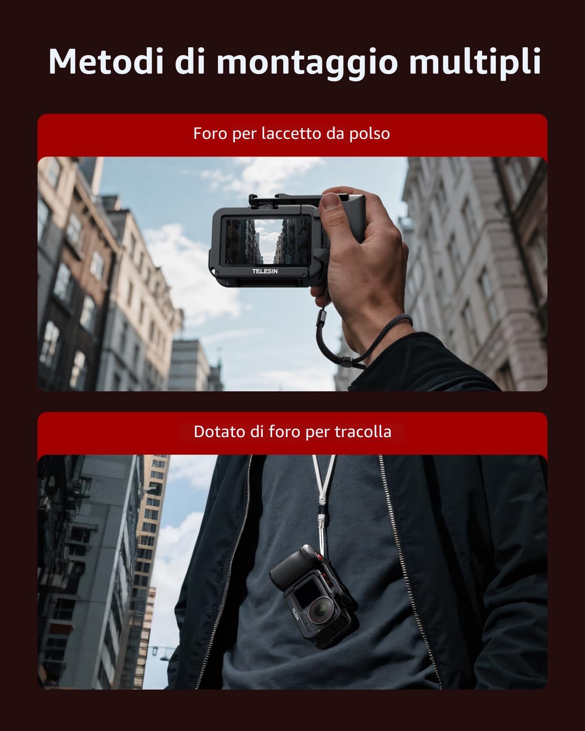 TELESIN Street Grip Kit in Lega di Alluminio per DJI Osmo Action 5 Pro/Action 4/Action 3 | Impugnatura Ergonomica con Gabbia Ultra-Leggera | Pulsante Otturatore a Bilanciere Brevettato