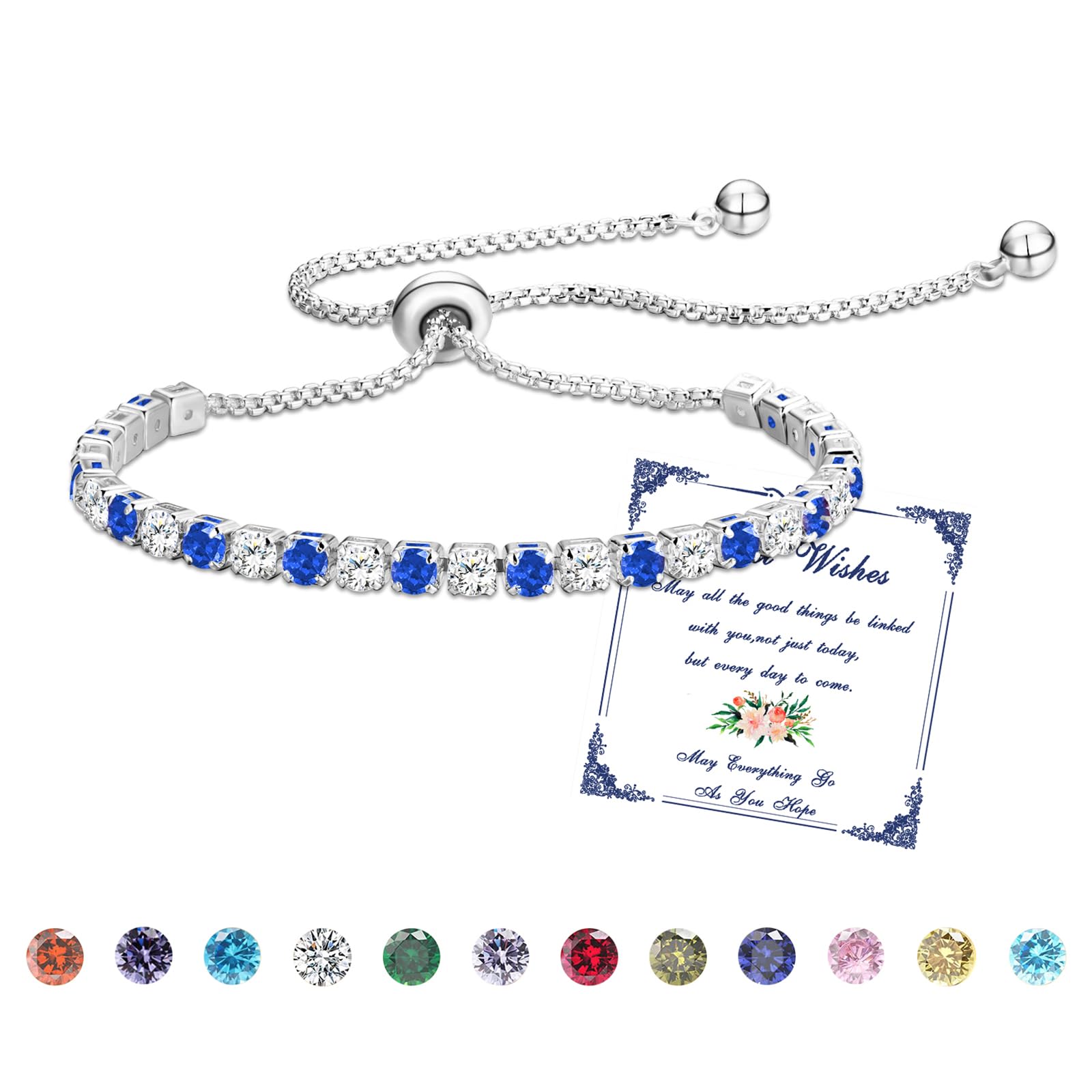 Esmoly Bracciale Donna Argento Bracciale Tennis con 12 Colori di Pietre Natali e 5A Sparkle Zircone Regolabile Regalo Compleanno Donna Ragazza