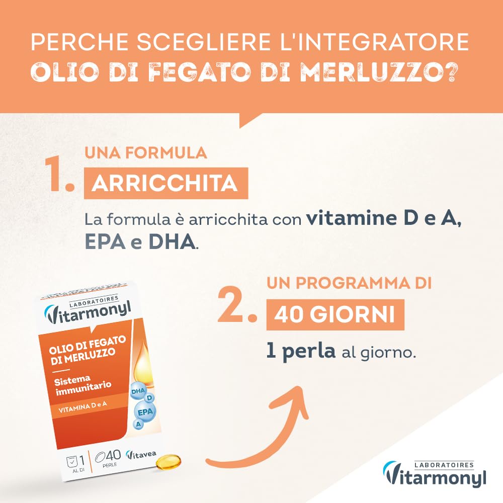 Olio di Fegato di Merluzzo - Ricco di Omega 3 - EPA e DHA - Sistema Immunitario - Salute delle Ossa - 560mg Olio di Pesce - Vitamina A e D - 40 Perle Marine - Vitarmonyl