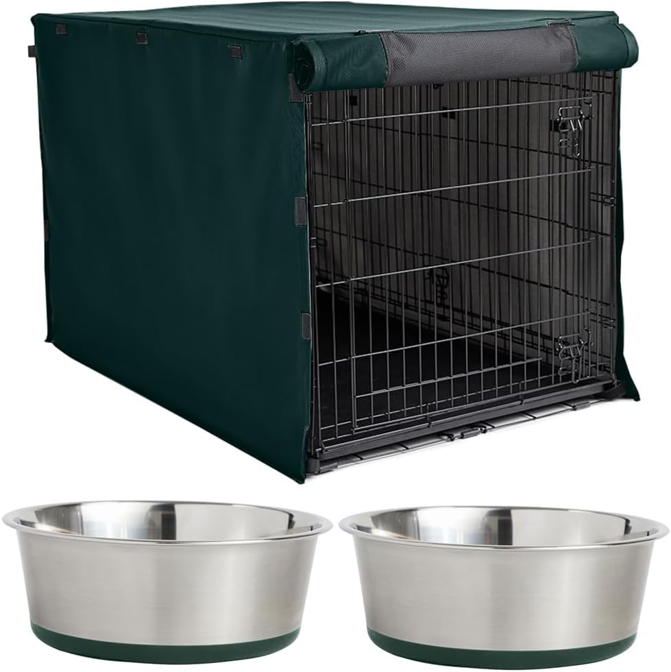 GORILLA GRIP Dog Crate Cover, Hunter Green 30 Inch and Stainless Steel Dog Bowl Set of 2, 2 Cup Hunter Green, 2 Item Bundle