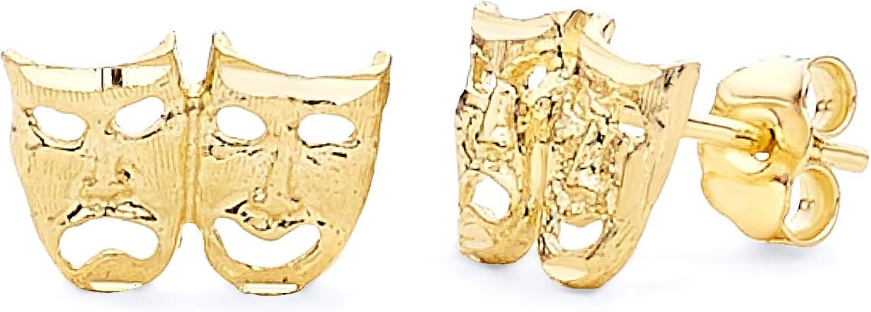 14k REAL Yellow Gold Smile Mask Stud Earrings (10 x 6 mm)