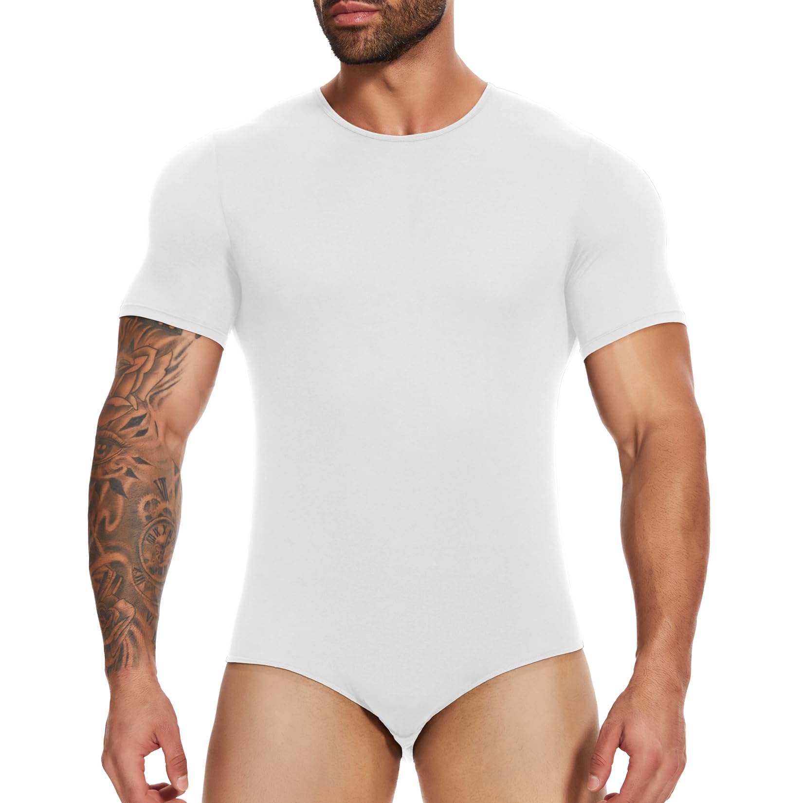 Mens Short Sleeve Bodysuit Pajamas One Piece Crew Neck Romper Body Suit Basic Onesie Shirt