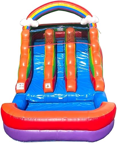 Miniatura 7 de Tobogán acuático inflable para niños, tobogán inflable residencial para diversión de verano, doble carril arcoíris con piscina de agua, instalación