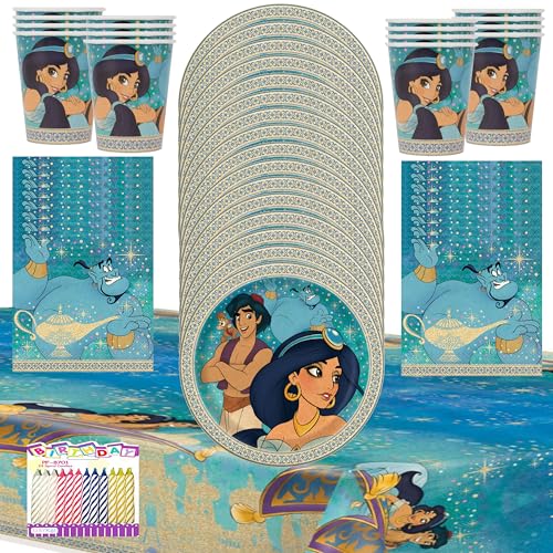 Aladdin Party Supplies for 16, Dinner Set with Cups, Table Cover & Candles