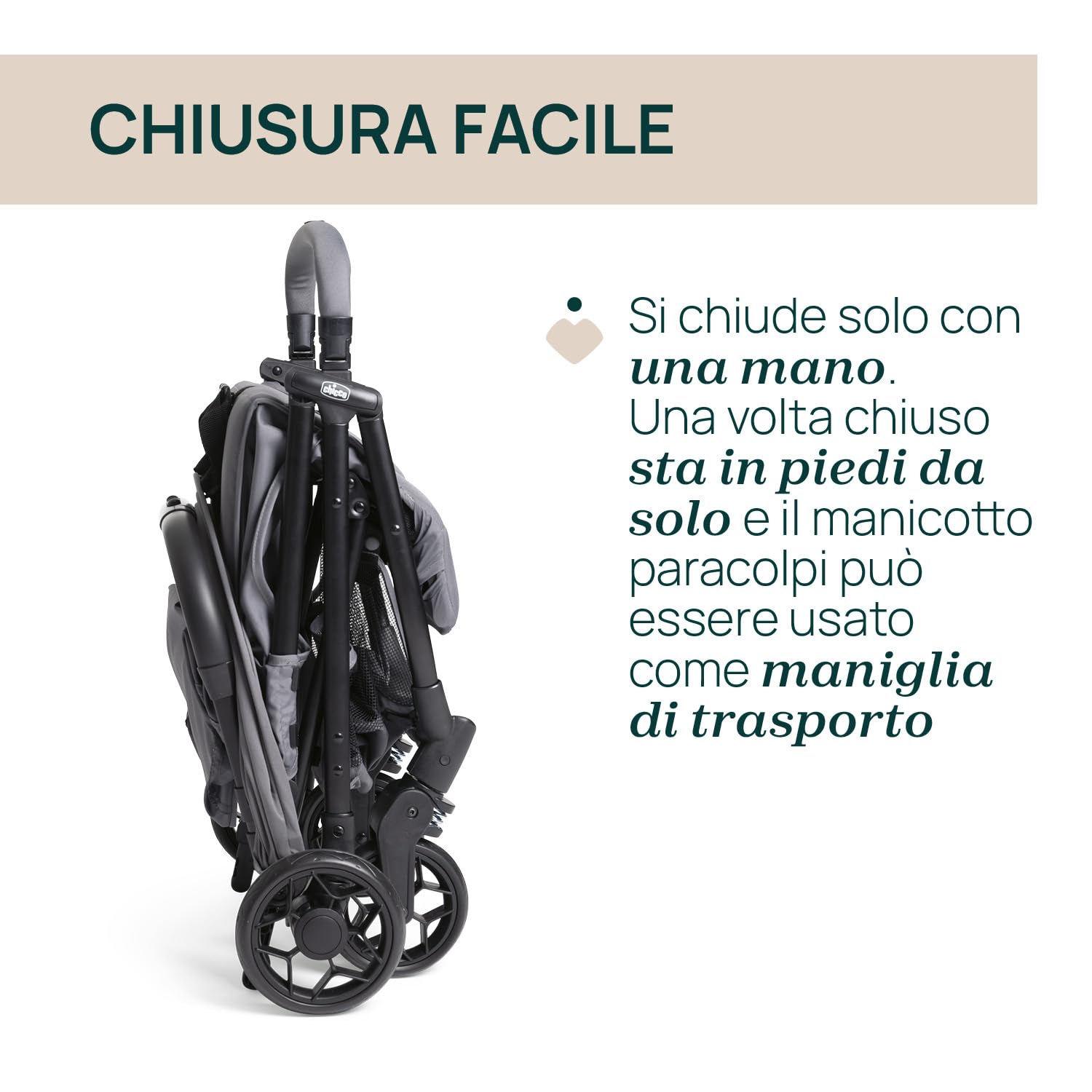 Chicco Urbino, Passeggino 0+ Mesi-22 Kg, Passeggino Leggero con Chiusura Smart e Compatta, Capotte Estensibile con Trattamenti UV50+ Antipioggia, Schienale Reclinabile, Regolabile, Poggiagambe, Grigio