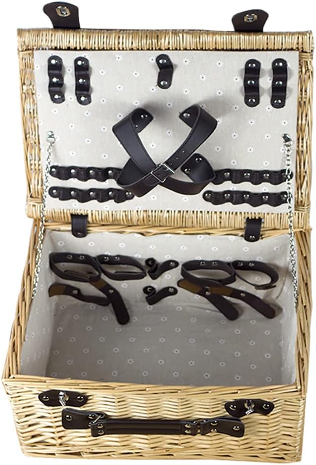 Picnic Basket for 4 - Wicker Picnicr Basket with Handle,Willow Picnic Set,Picnic Gift Basket-Stainless Steel Cutlery,Plates,Salt & Pepper Shakers,Wine Glasses,Bottle Opener (A 45 * 35 * 23cm)