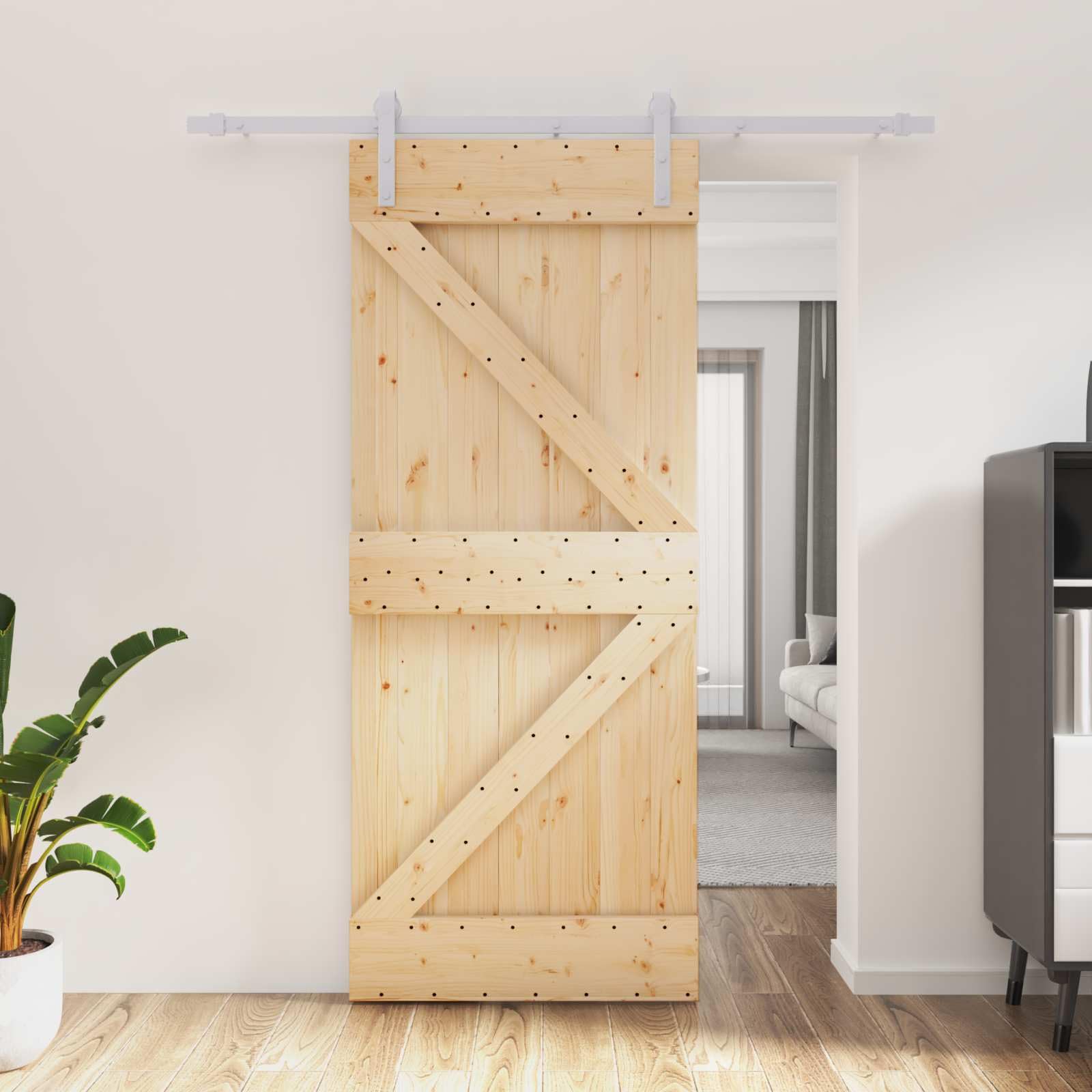 Drzwi przesuwne z litego drewna sosnowego, naturalne i białe, 85 x 210 cm, z malowaną proszkowo stalową szyną, oszczędzają miejsce do wnętrza i przejścia drzwi mieszkania