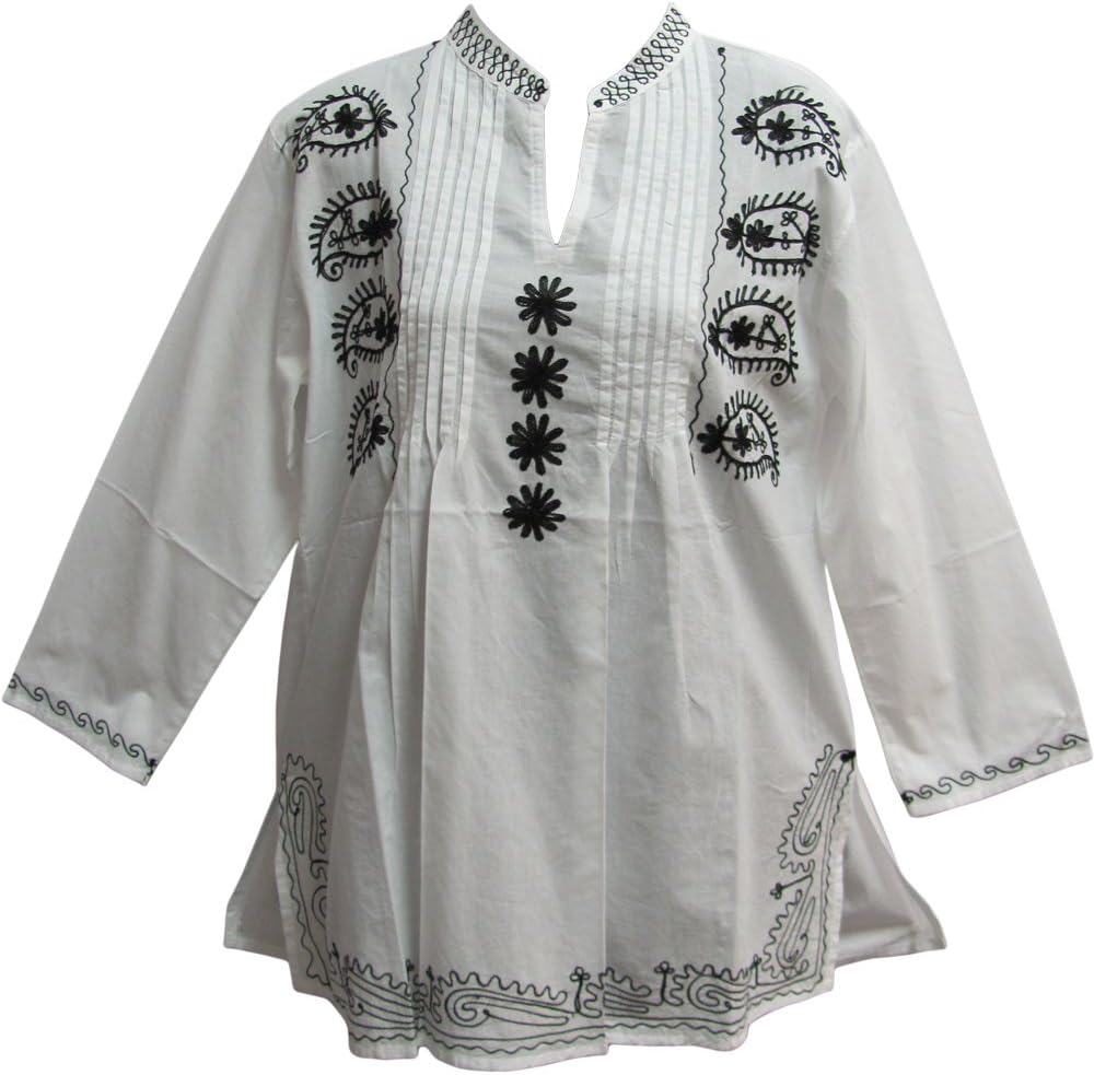 Yoga Trendz Indian Mandarin Collar Paisley Embroidered White Cotton Peasant Tunic Blouse